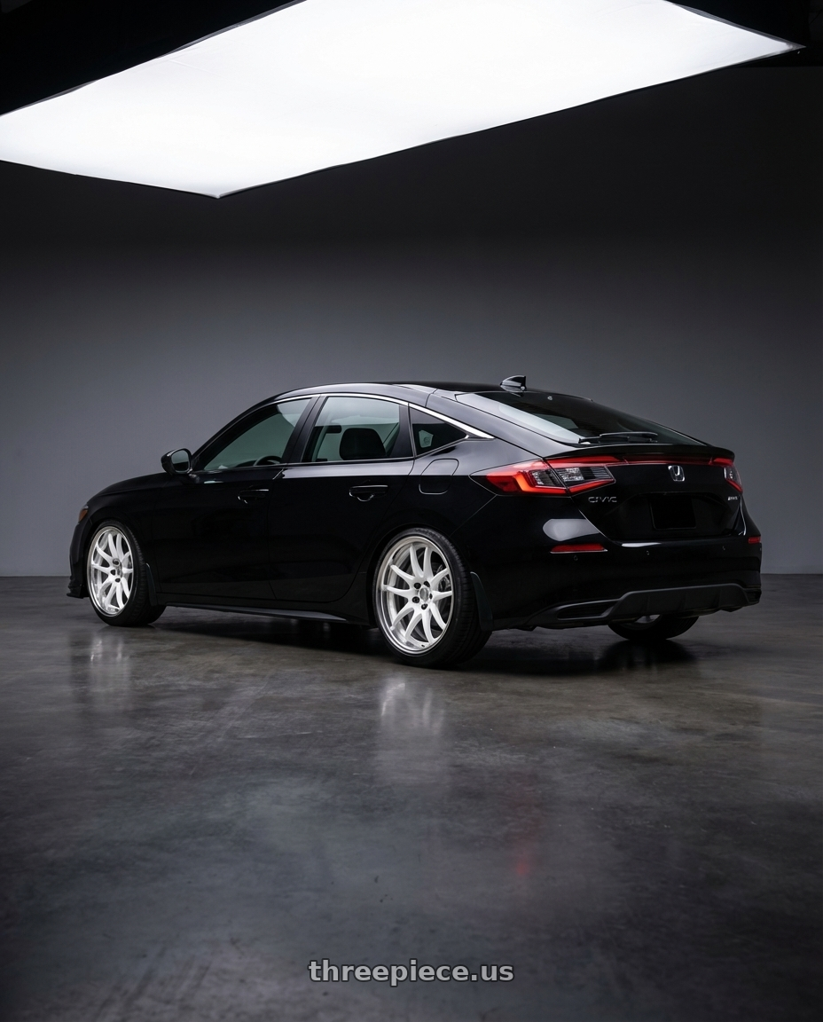 2023 Honda Civic Hatchback with Work Cr 2P 5x114.3 19x10.0 +45 Gloss White wheels rear three quarter view slight stretch tires