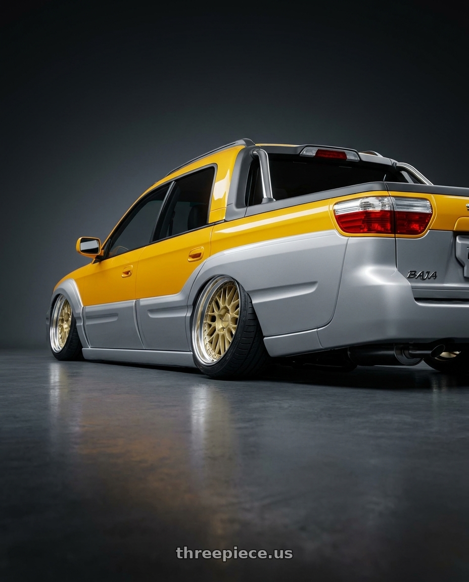 2003 subaru baja yellow silver with Work Brombacher Mesh wheels rear three quarter view slight stretch tires