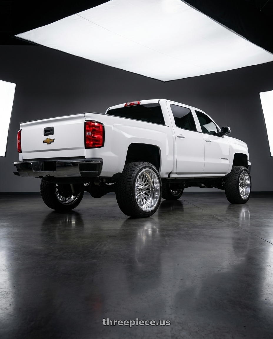 2015 Chevy Silverado with Fuel Forged FF109 8x180 20x9 +0 POLISHED wheels rear three quarter view slight stretch tires