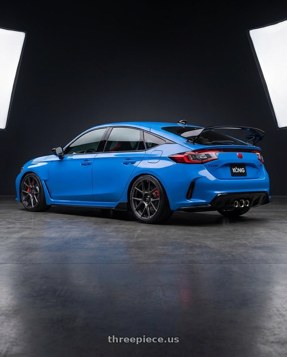 2024 Honda Civic Type R with Konig Ampliform 5x120 19x8.5+32 Dark Metallic Graphite wheels rear three quarter view square tires