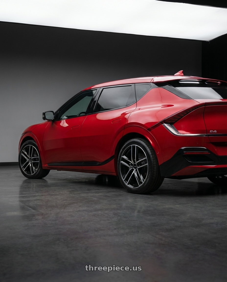 2024 kia ev6 with Vision Street-Designs 475 Clutch 5x114.3 20x9+38 Gloss Black Machined Face wheels rear three quarter view square tires