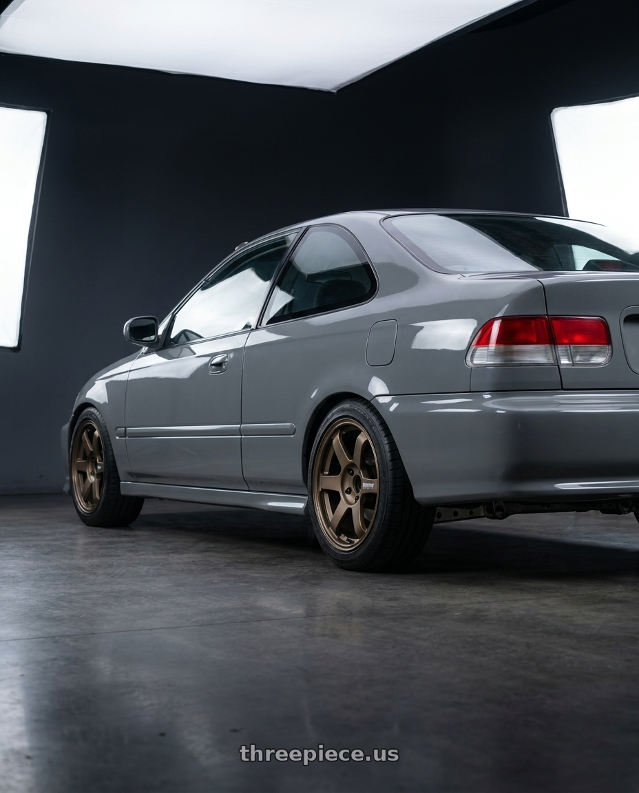 1997 Honda Civic coupe ej8 with Volk Racing TE37 SAGA 5x110 17x8 +26 BRONZE wheels rear three quarter view square tires