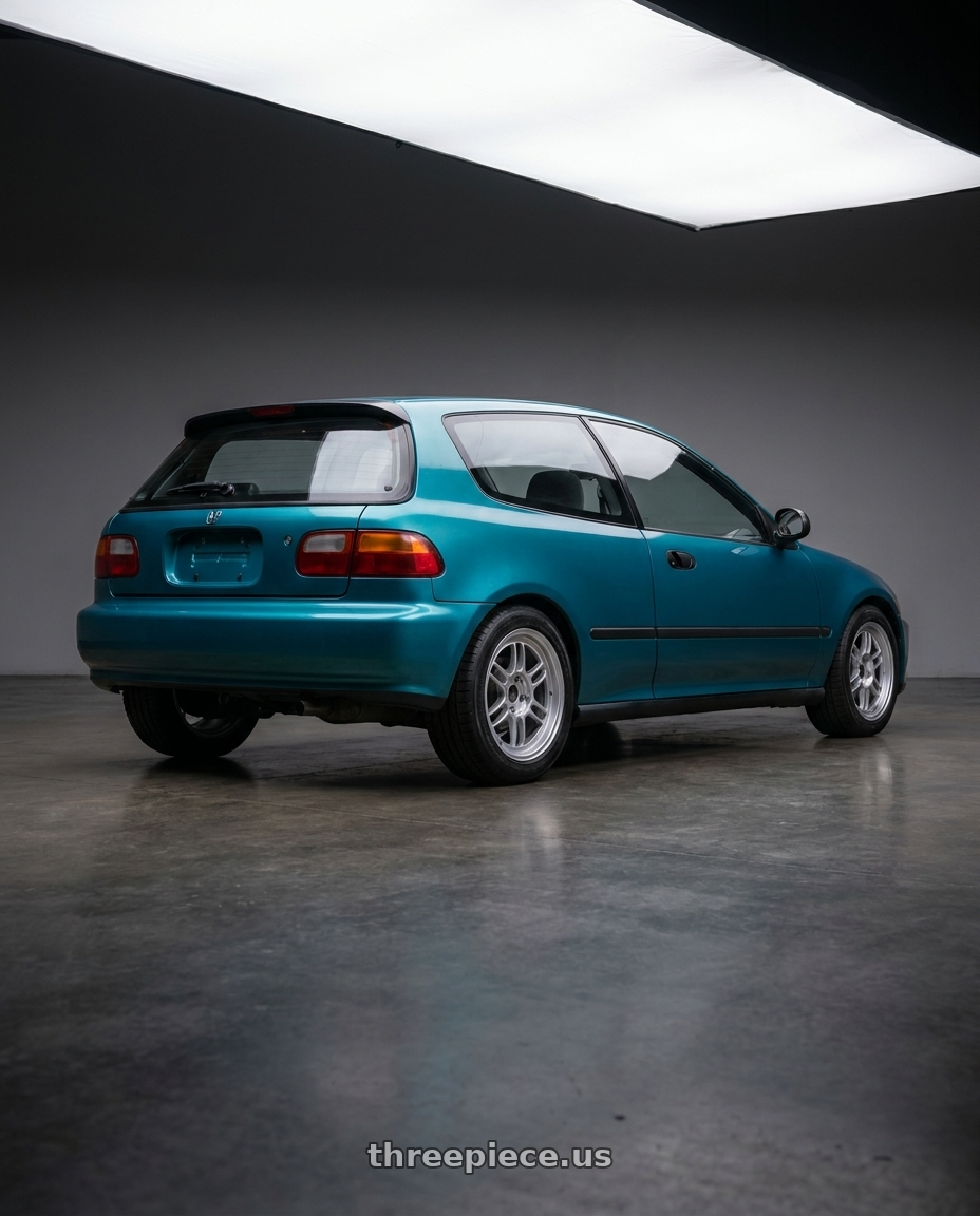 1994 honda civic hatch cx with Enkei RPF1 4x100 15x7+35 Silver wheels rear three quarter view square tires