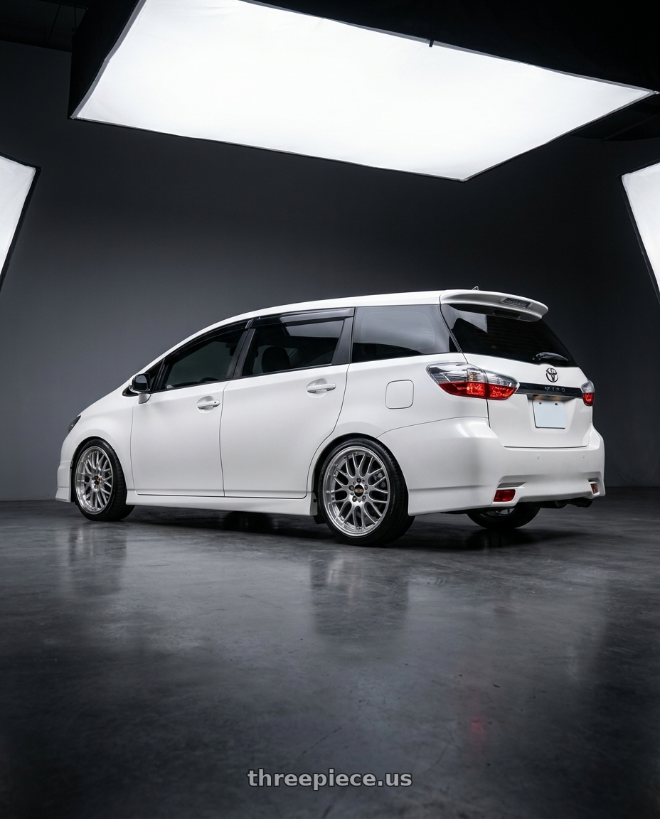 2014 toyota wish white with BBS RS-GT 5x114.3 19x10.0+40 Diamond Silver wheels rear three quarter view slight stretch tires