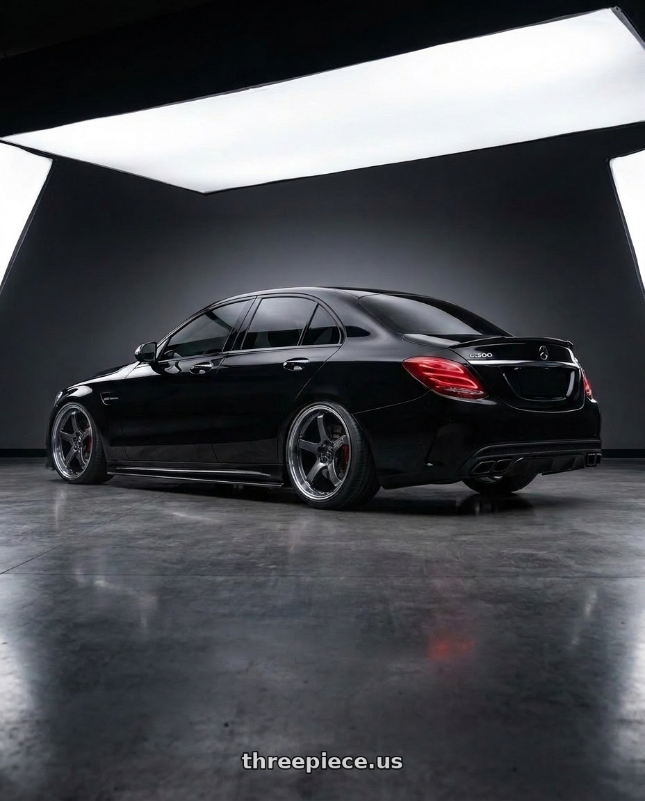 2015 賓士 c300 黑色 with Advan Racing GT BEYOND 5x114.3 19x8.0 +44 MACHINING & HYPER PLATINUM BLACK wheels rear three quarter view extreme stretch tires