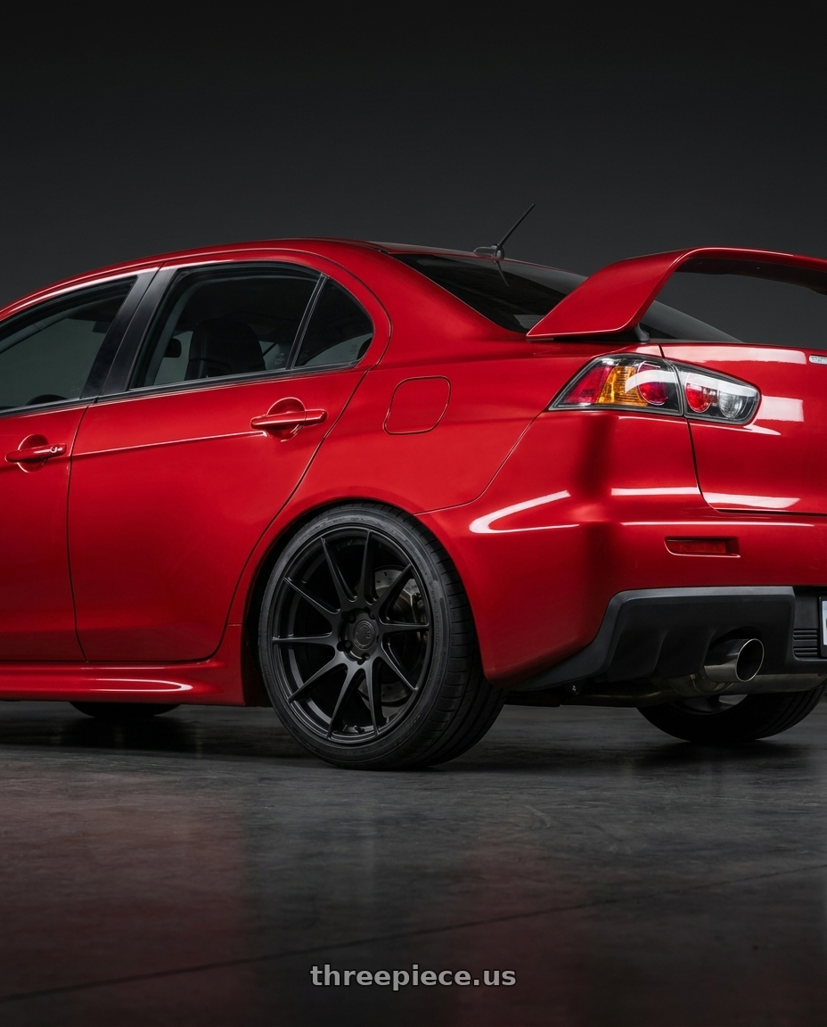 2012 Mitsubishi Lancer Evo X with Aodhan AH09 5x114.3 18x8.5 +35 Matte Black wheels rear three quarter view square tires