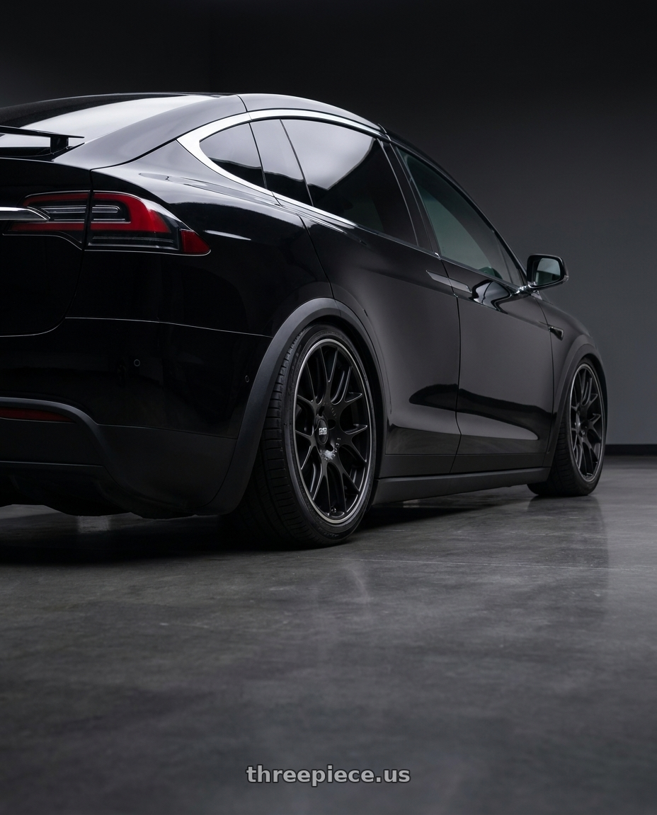 2016 Tesla Model X with BBS CH-R 5x120 20x9 +24 Satin Black Polished Rim Protector wheels rear three quarter view square tires