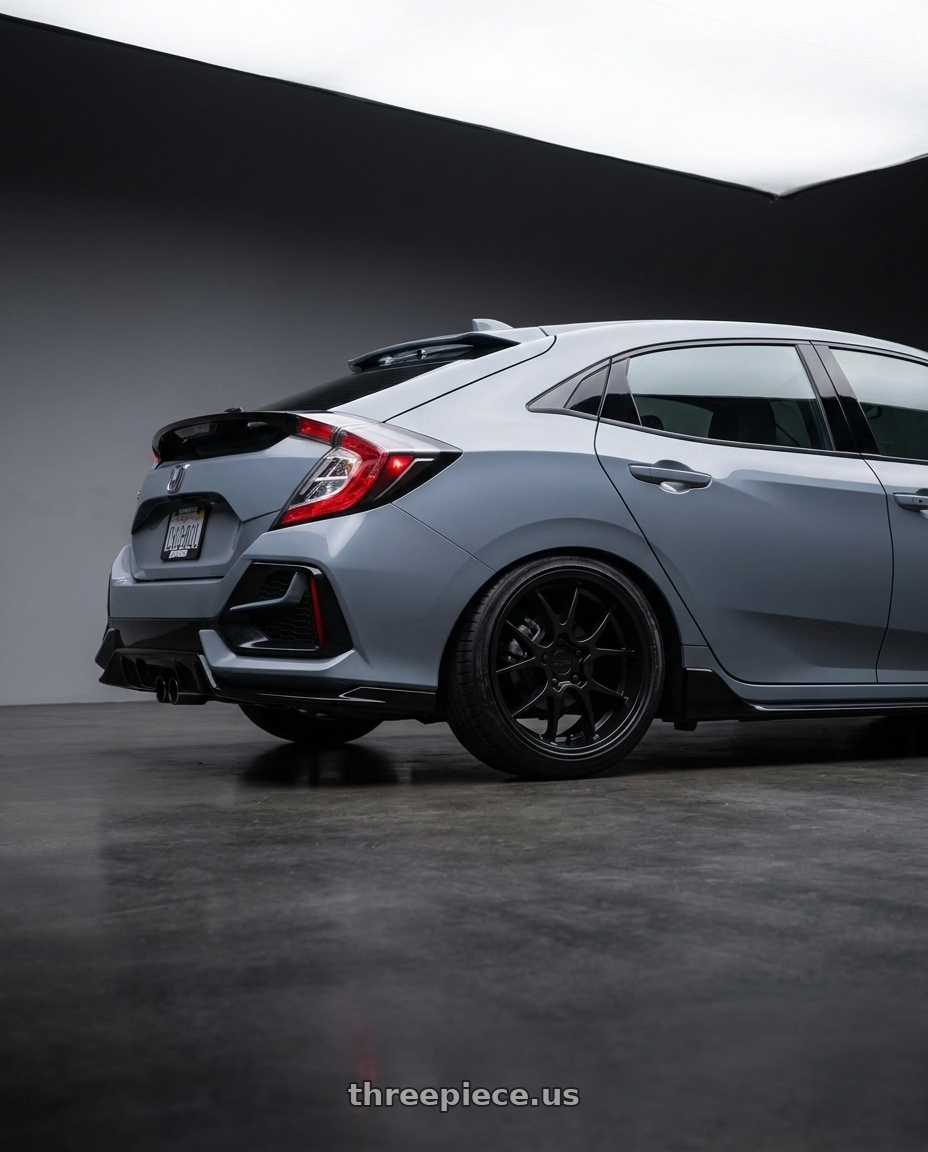 2021 Honda Civic Type R with Rotiform 207 5x120 19x9.5 +22 MATTE BLACK wheels rear three quarter view square tires