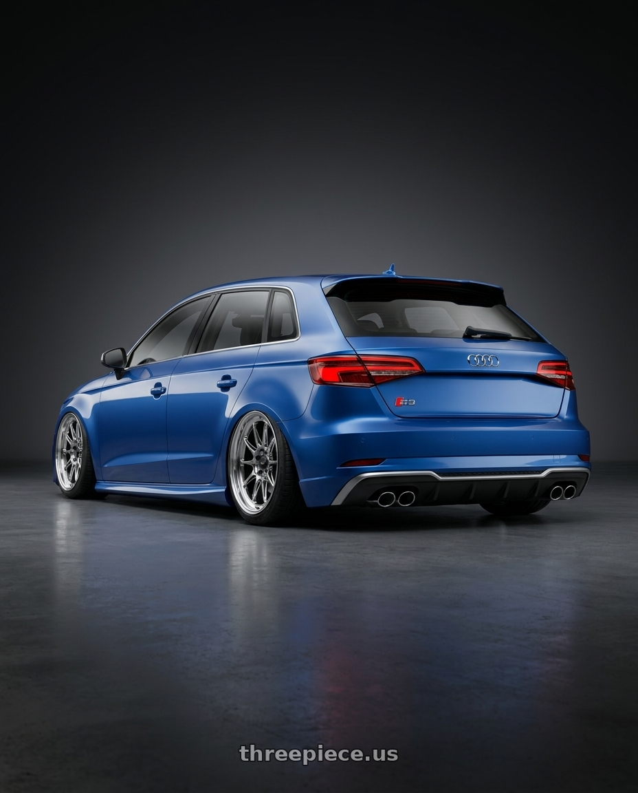 2019 Audi S3 8V with Konig Countergram 5x112 19x11+40 Hyper Chrome / Machined Lip wheels rear three quarter view slight stretch tires