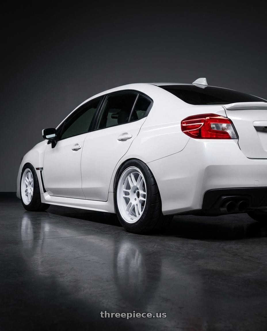 2018 Subaru wrx white  with Enkei RPF1 5x114.3 18x9.5+38 Vanquish White wheels rear three quarter view meaty tires