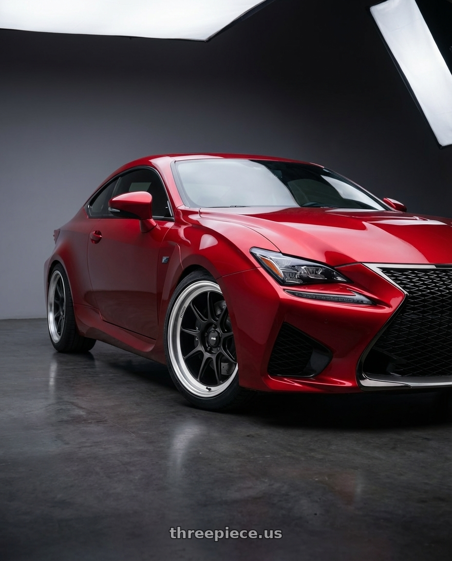 2018 Lexus RC F with Konig Countergram 5x114.3 19x10+25 Matte Black / Matte Machined Lip wheels front three quarter view lowered stance