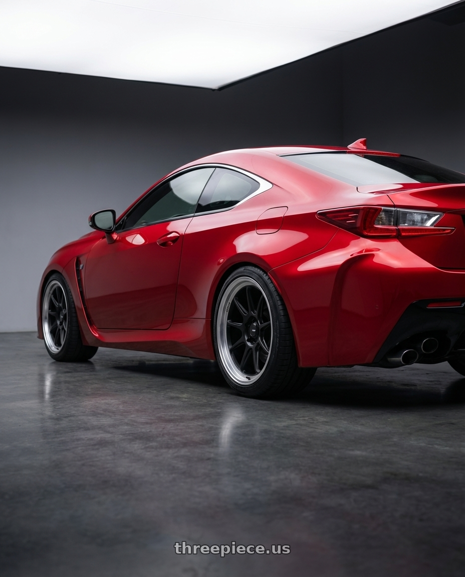 2018 Lexus RC F with Konig Countergram 5x114.3 19x10+25 Matte Black / Matte Machined Lip wheels rear three quarter view square tires