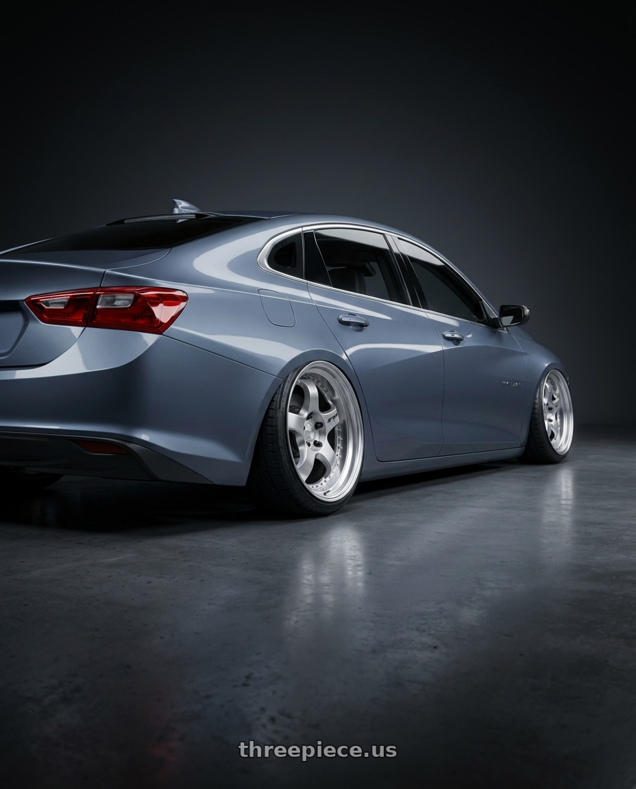 2019 Chevy Malibu lt with Work Meister S1 3P 5x115 18x8.5+35 L Disk Silver wheels rear three quarter view extreme stretch tires