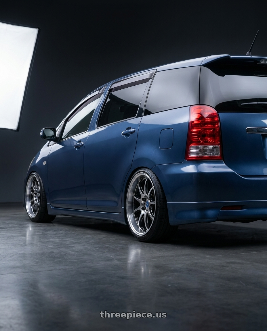 2008 TOYOTA WISH  with Work Emotion D9r 5x100 18x8.5 +38 Gt Silver Rim Cut wheels rear three quarter view slight stretch tires