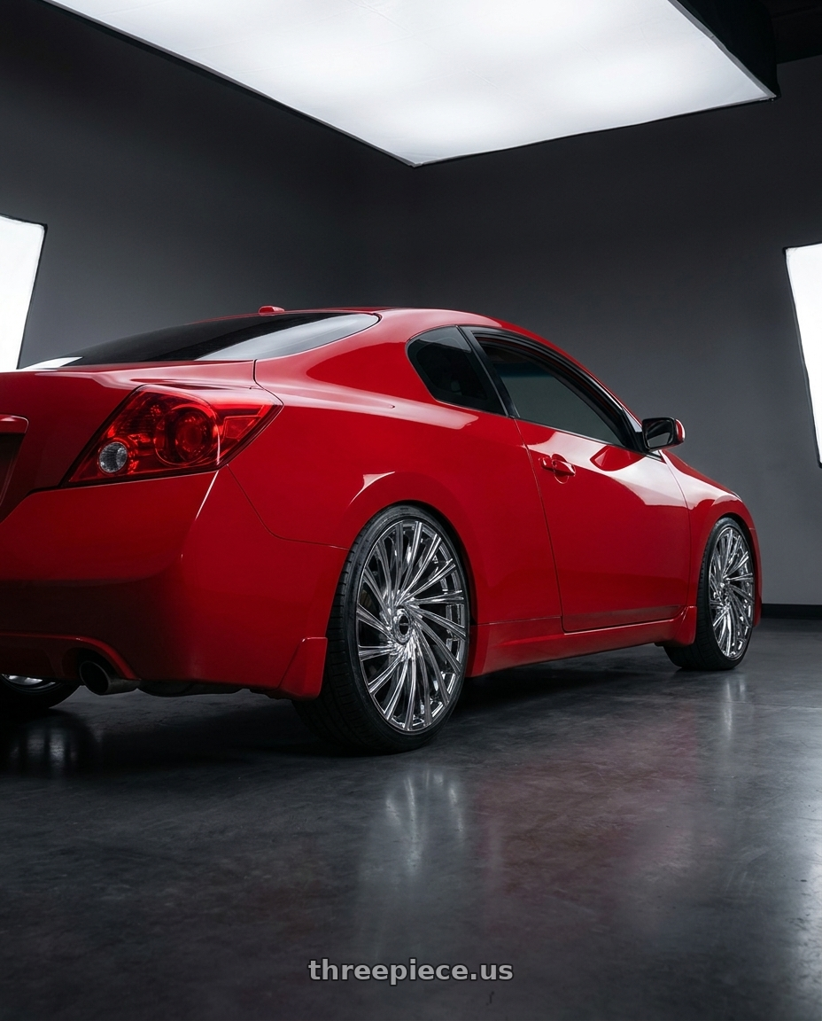 2010 Nissan Altima Coupe with Strada Tornado Blank 24x10 +15 Chrome wheels rear three quarter view square tires