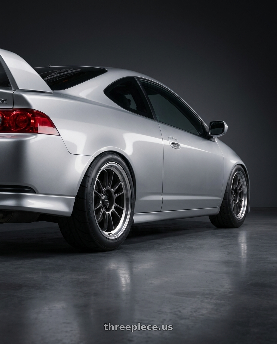 2005 Acura Rsx Silver with Konig Hypergram 5x114.3 17x9+25 Metallic Carbon w/ Machined Lip wheels rear three quarter view meaty tires