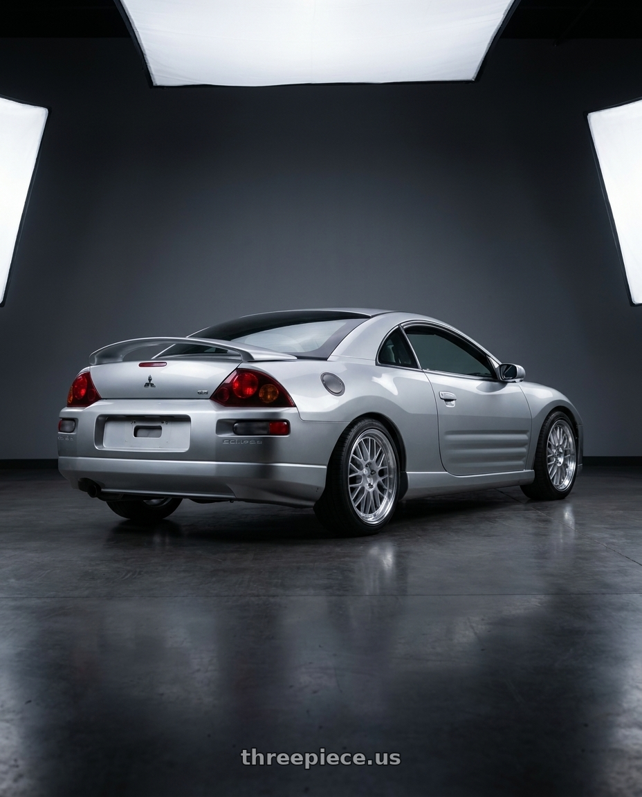 2003 Mitsubishi Eclipse GS with KATANA RACING KR06 5x114.3 18x8 +40 Glossy Silver Machine Lip wheels rear three quarter view square tires