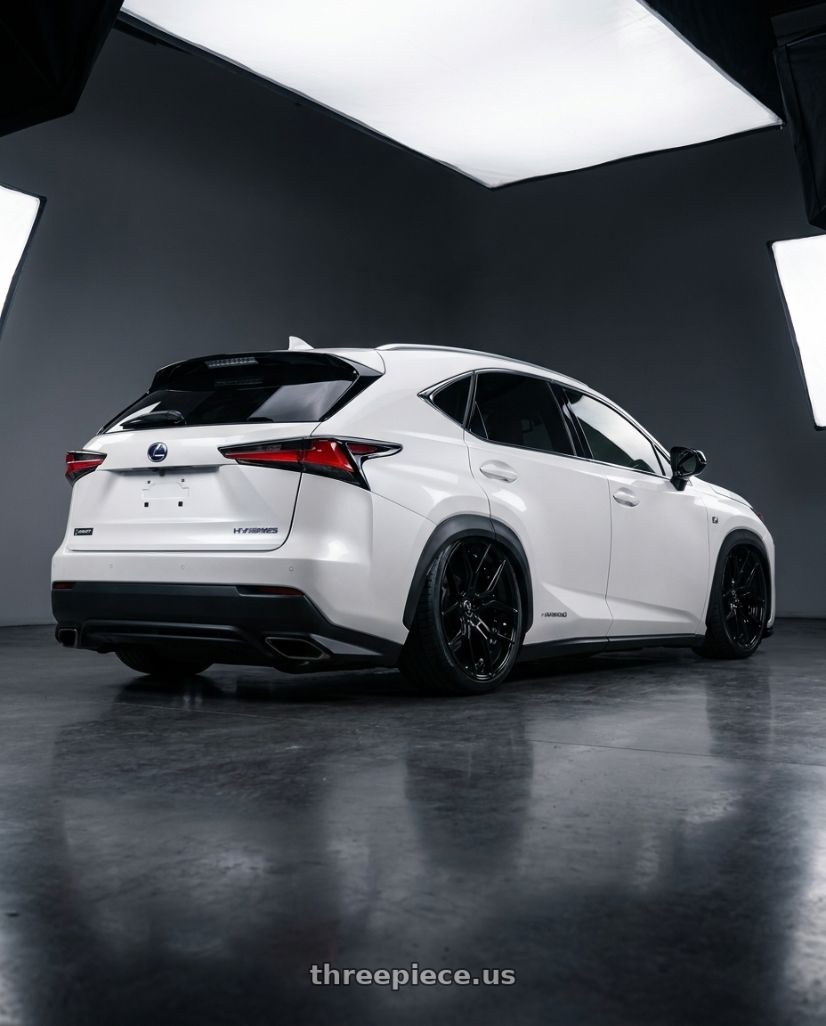 2020 Lexus nx with MARQUEE WHEELS M1000 5x120 20x10.5+38 GLOSS BLACK wheels rear three quarter view slight stretch tires