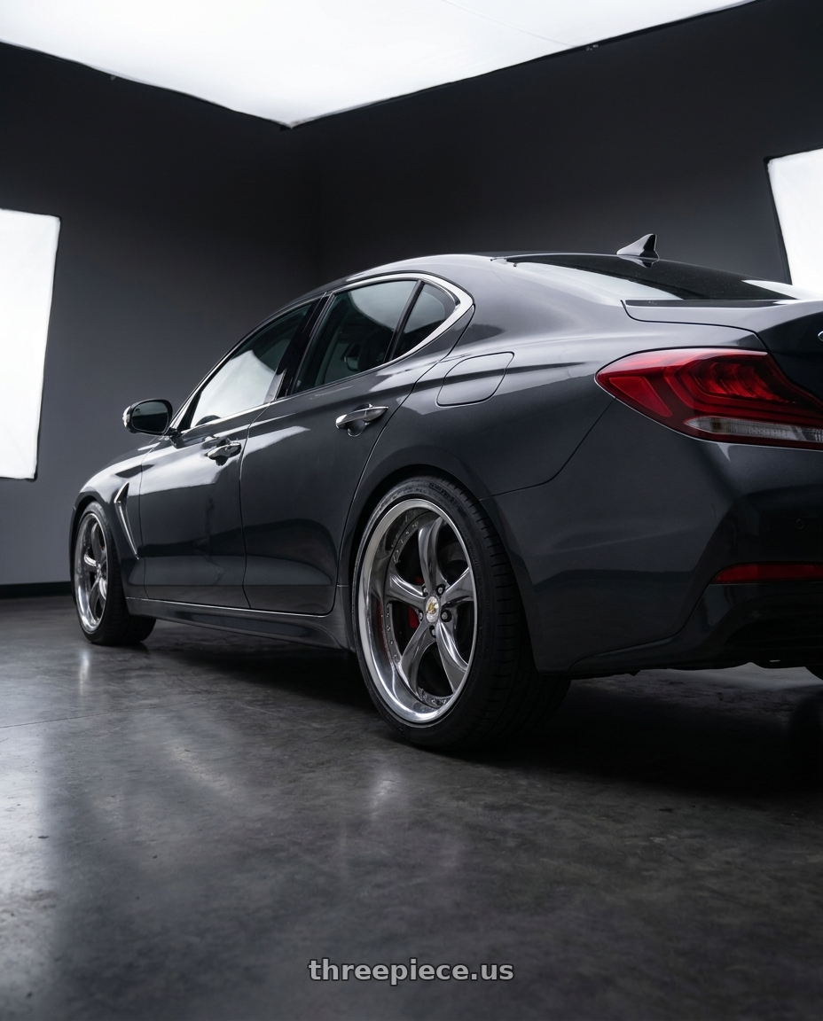 2019 Genesis G70 with Work Wheels VS-KF 5X114.3 19x7.5+34 Brilliant Silver Black A Disk FULL REVERSE wheels rear three quarter view slight stretch tires
