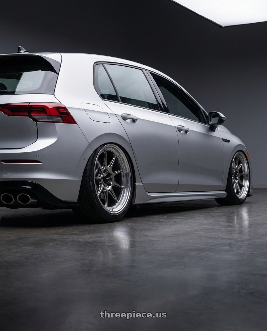 2024 Volkswagen Golf R MK8 with Konig Countergram 5x112 19x11+40 Hyper Chrome / Machined Lip wheels rear three quarter view slight stretch tires