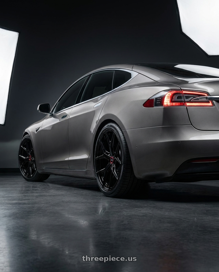 2018 Tesla Model S with Vossen HF-5 21x12 / 5x120 / ET52 / Deep Face / 72.56 - Gloss Black Wheel - HF5-1B36 wheels rear three quarter view square tires
