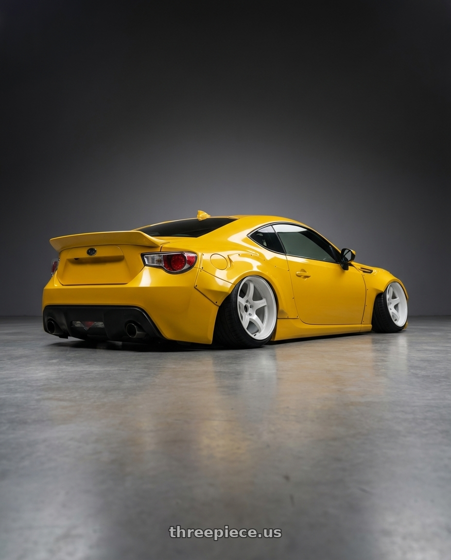 2014 Subaru BRZ Limited Gloss Yellow Wrap with Gram Lights 57CR 5x114.3 15x8+35 Ceramic Pearl wheels rear three quarter view extreme stretch tires