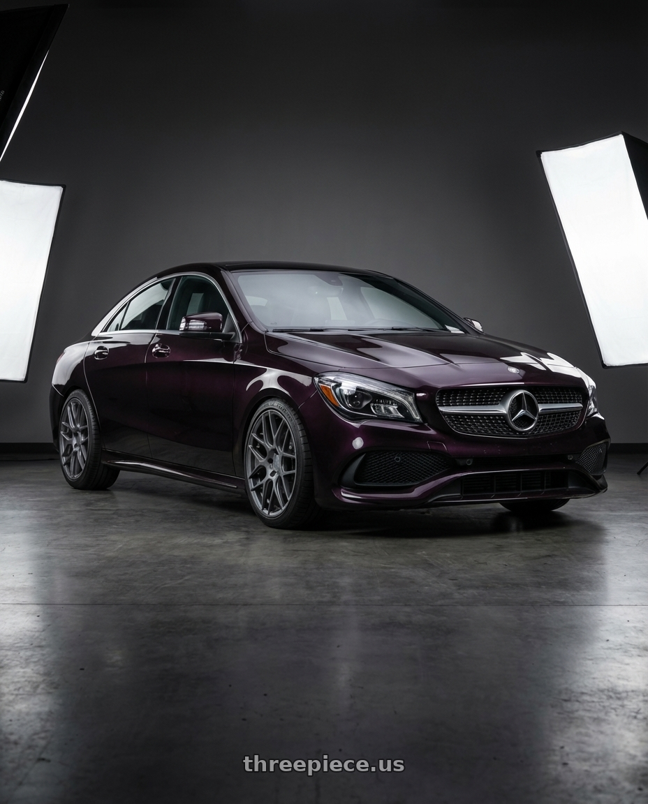 2018 Mercedes-Benz CLA C117 with Aodhan AFF2 5x112 19x9.5+35 Matte Gray wheels front three quarter view lowered stance