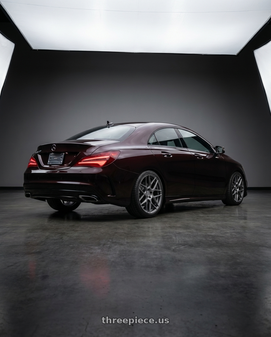 2018 Mercedes-Benz CLA C117 with Aodhan AFF2 5x112 19x9.5+35 Matte Gray wheels rear three quarter view square tires