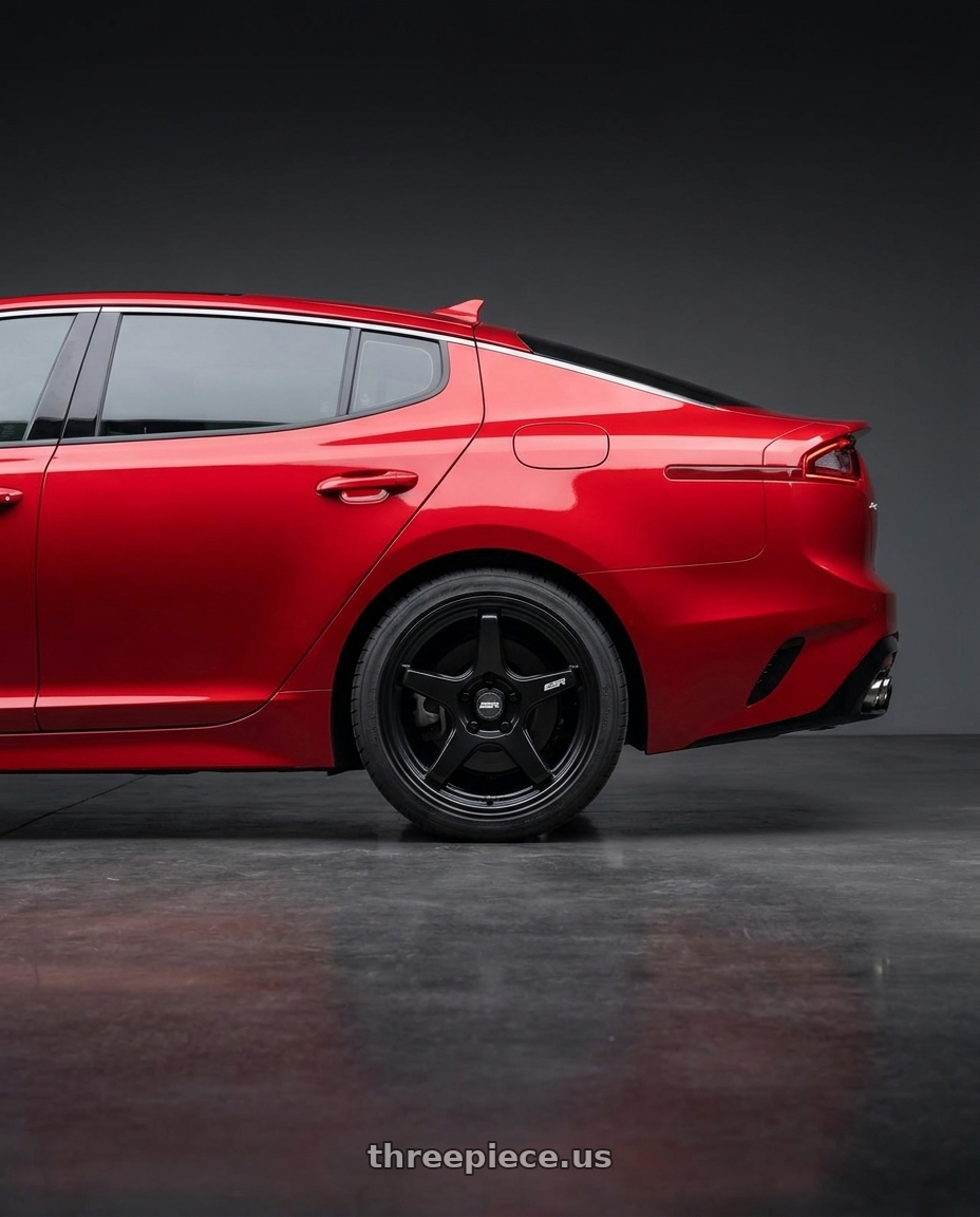 2018 Kia Stinger GT2 AWD with ESR Wheels APX5C 5x114.3 19x8.5 +30 Matte Black wheels rear three quarter view square tires