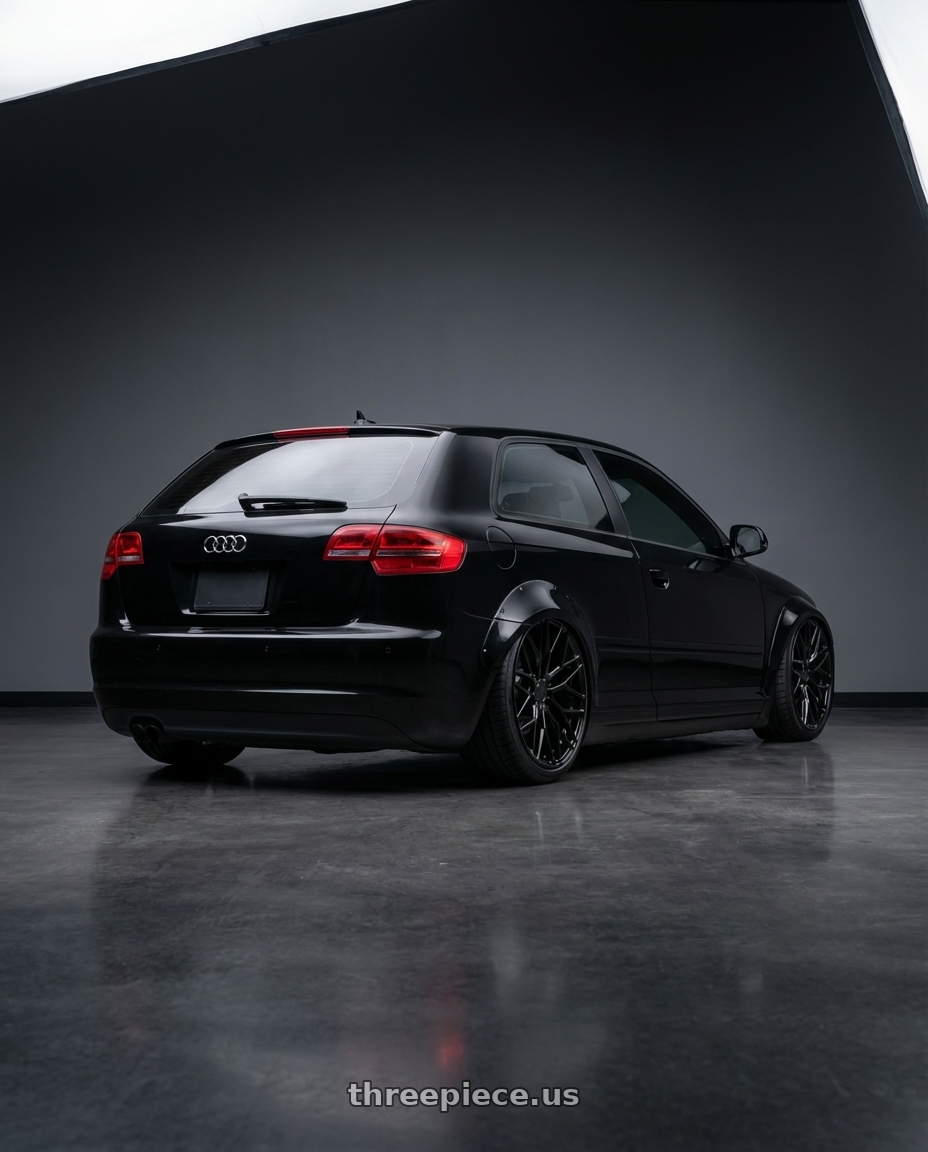 2012 Audi A3 8P with Avant Garde Wheels M520R 5X112 19x9.5 +40 Gloss Black wheels rear three quarter view slight stretch tires