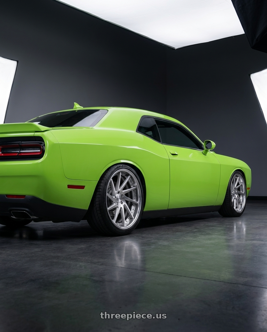2023 dodge challenger with Work Gnosis Cvs 5x115 22x9+22 W Disk Brush Silver Clear wheels rear three quarter view slight stretch tires