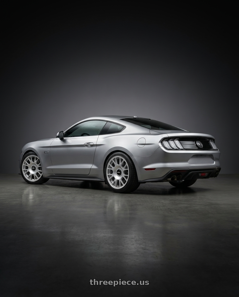 2020 ford mustang  with Rotiform 1PC R188 TUF-R 5X112/5X114.3 19X9.5 +38 SILVER wheels rear three quarter view square tires