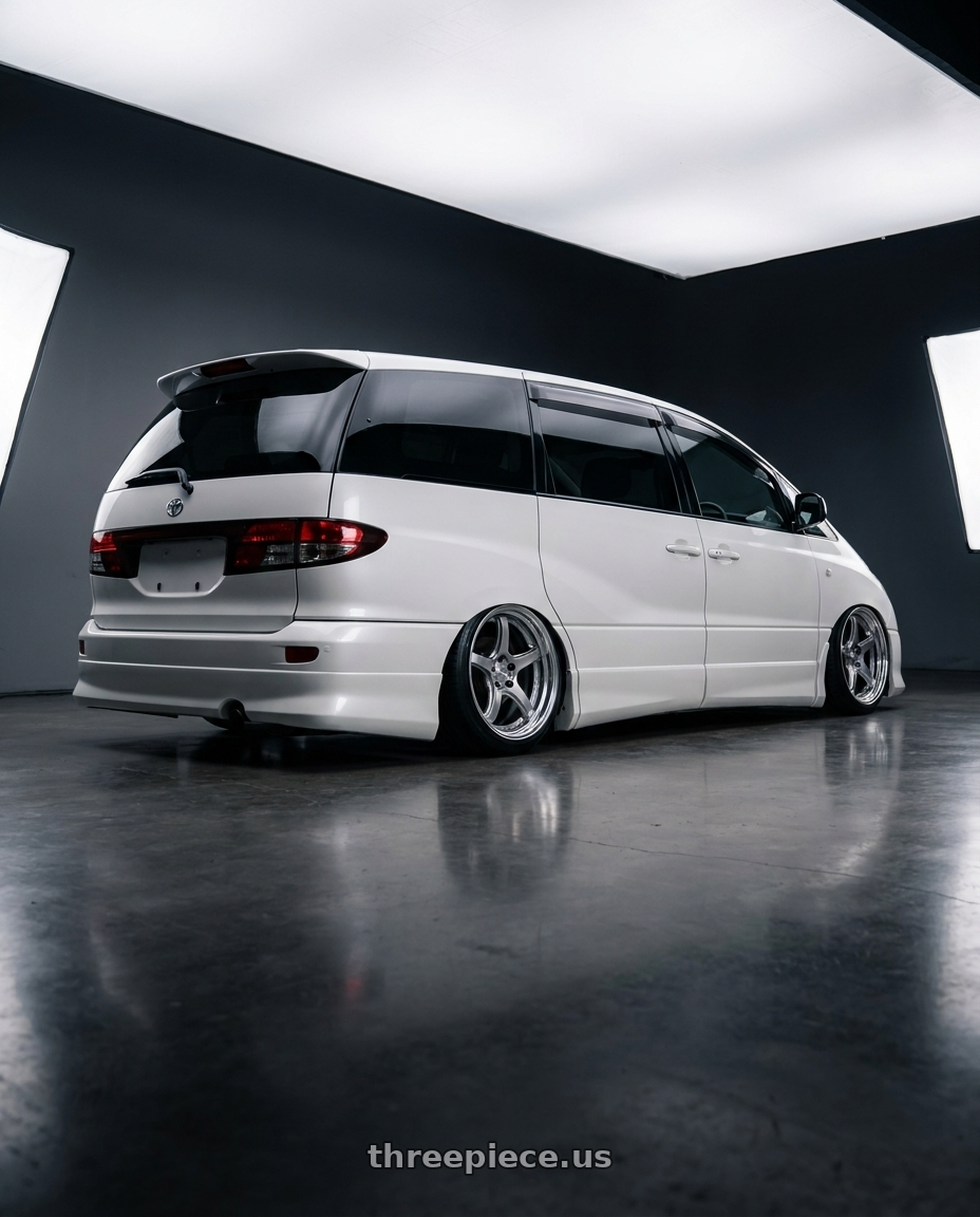 2000 estima acr30w with Work T5R 2P 5x114.3 19x8.0 +38 GT SILVER wheels rear three quarter view slight stretch tires