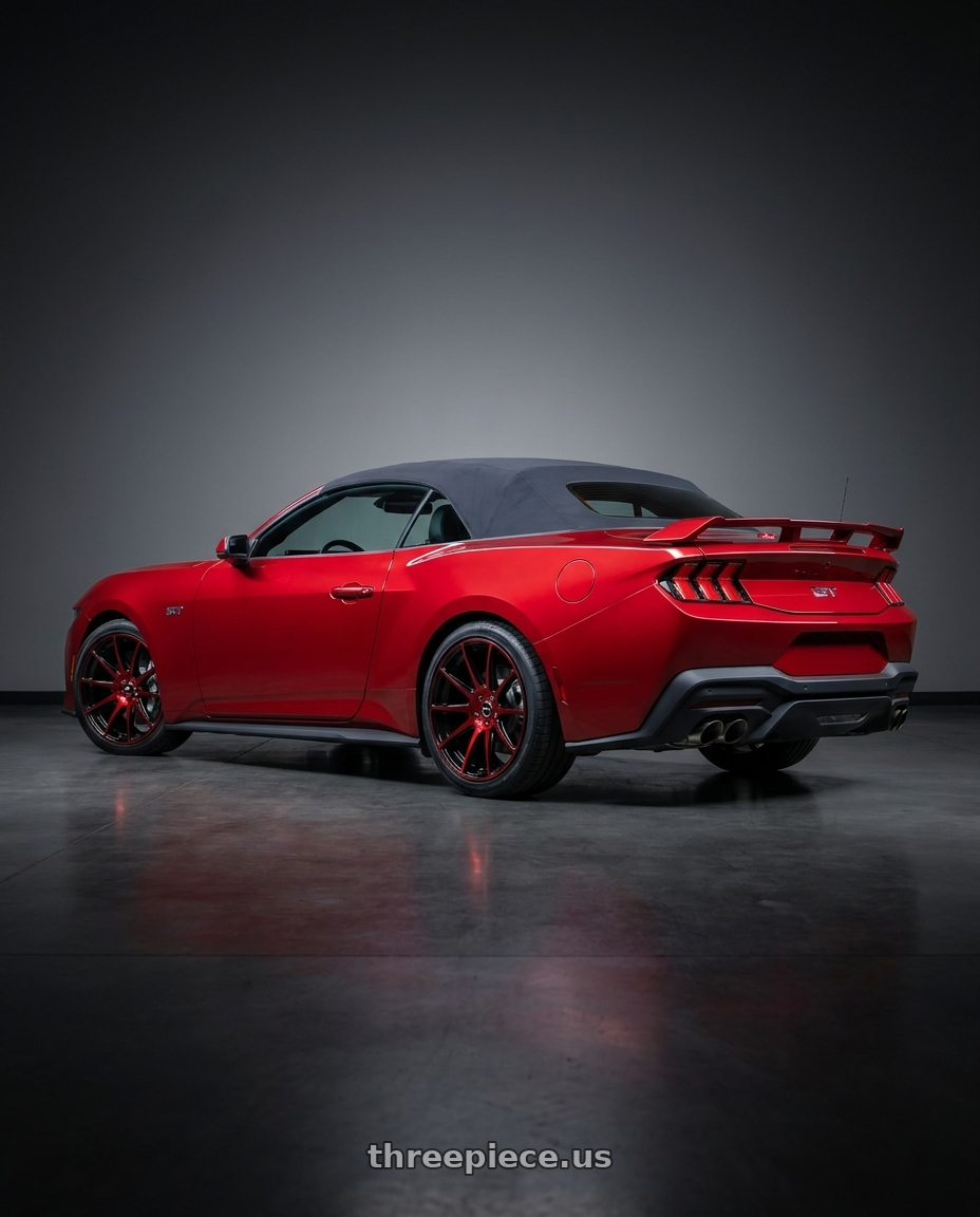 2024 FORD Mustang GT with Shift Gear 4x100/4x114.3 18x9 +30 Gloss Black Candy Red Machine wheels rear three quarter view square tires