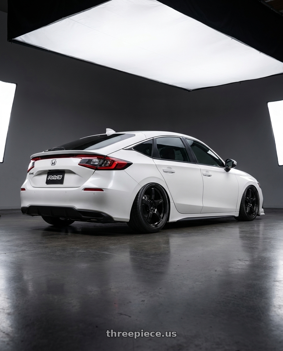 2024 Honda Civic with Gram Lights 57CR 5x114.3 18x9.5+12 Glossy Black wheels rear three quarter view slight stretch tires