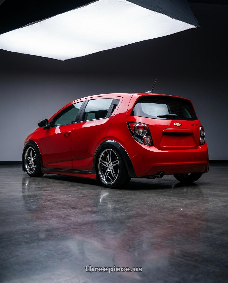 2014 chevy sonic hatch with DURANDAL DD5.2 BLACK POLISHED 5x100 18x9.5 +21MM wheels rear three quarter view slight stretch tires