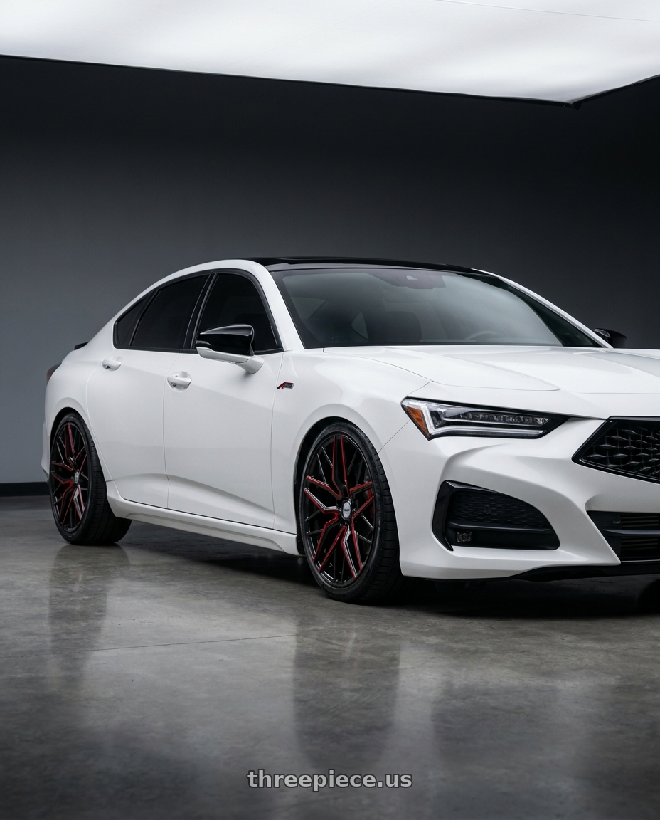 2022 Acura TLX Aspec SHawd  white with black roof wrapped  with Shift Spring 5x120 20x8.5 +35 Gloss Black Candy Red Milled wheels