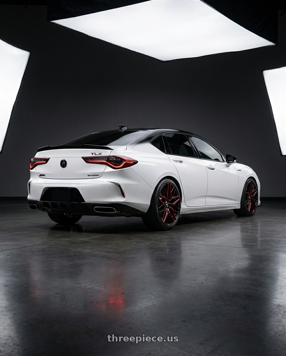 2022 Acura TLX Aspec SHawd  white with black roof wrapped  with Shift Spring 5x120 20x8.5 +35 Gloss Black Candy Red Milled wheels rear three quarter view slight stretch tires