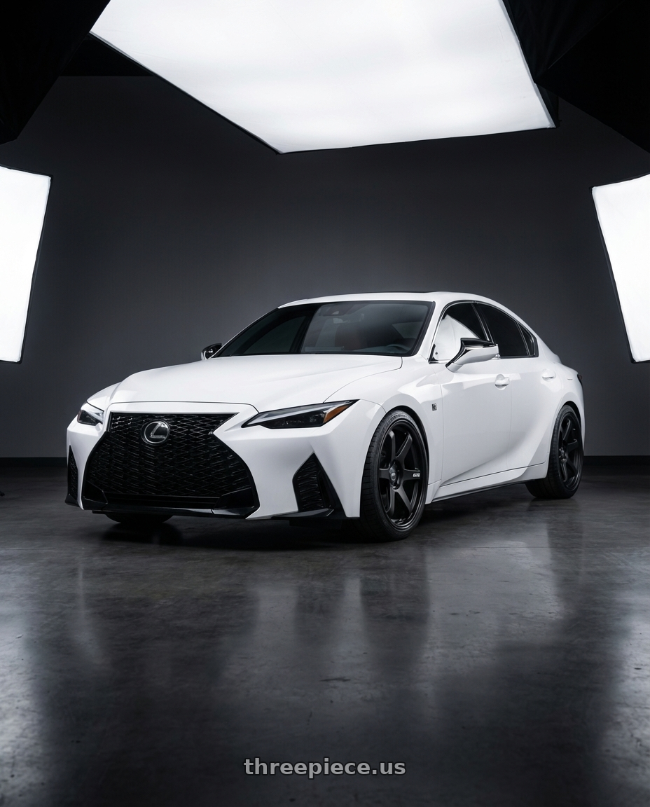 2024 Lexus IS 350 with ESR Wheels APEX SERIES AP6 5x114.3 19x8.5 +30 Matte Black wheels front three quarter view lowered stance