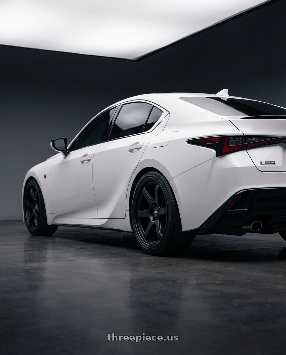 2024 Lexus IS 350 with ESR Wheels APEX SERIES AP6 5x114.3 19x8.5 +30 Matte Black wheels rear three quarter view square tires
