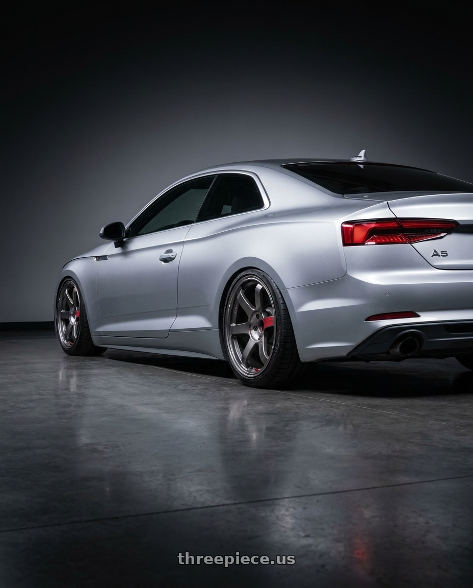 2018 Audi A5 with Volk Racing TE37 SAGA SL 5x112 18x9.5 +20 PRESSED GRAPHITE wheels rear three quarter view square tires