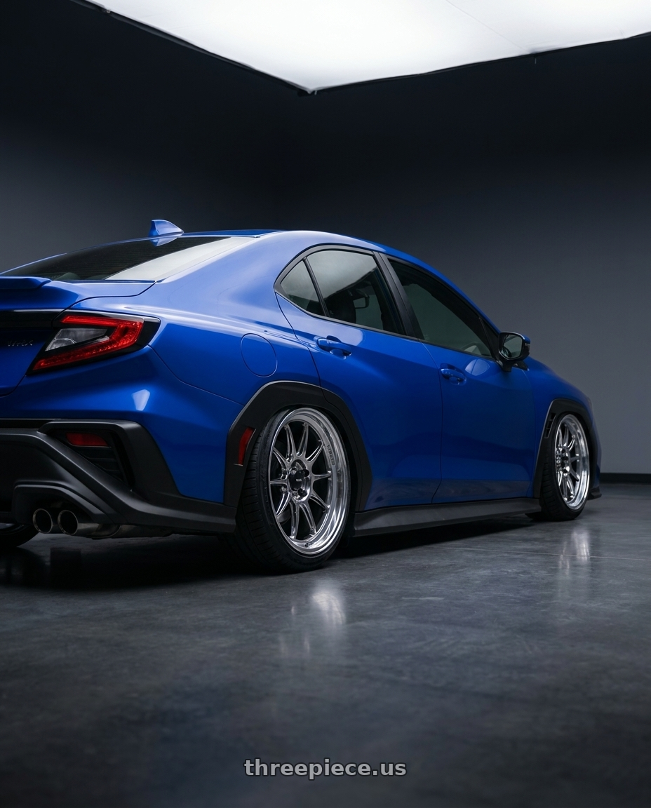 2024 Subaru WRX with Konig Countergram 5x114.3 19x9.5+25 Hyper Chrome / Machined Lip wheels rear three quarter view slight stretch tires