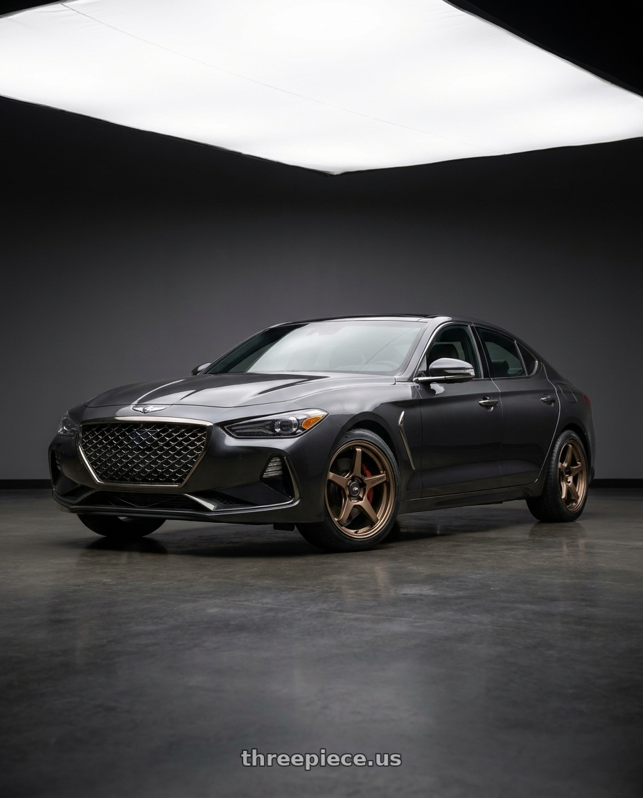2019 Genesis G70 Advanced with Enkei TS-5 5x114.3 18x8.5+38 Bronze wheels front three quarter view stock stance
