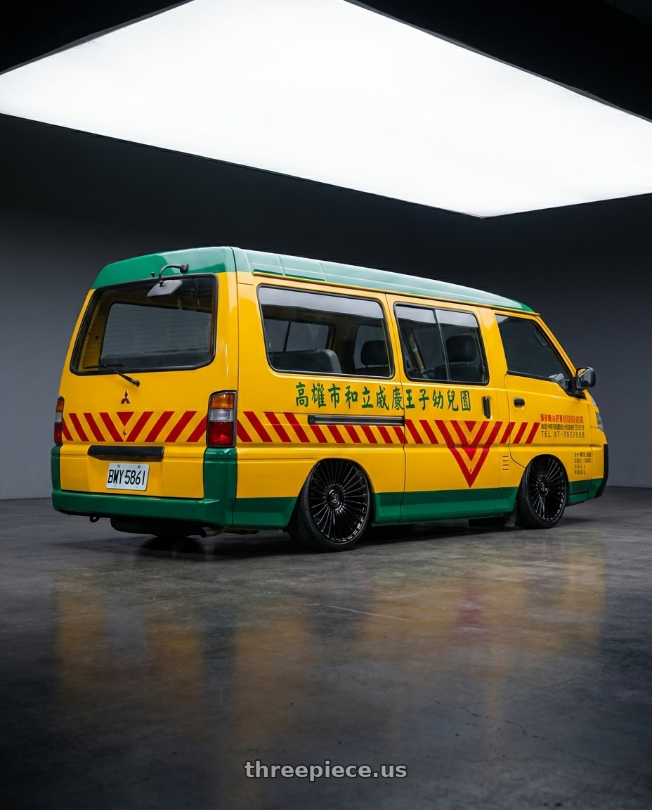 2019 Mitsubishi Delica (台灣幼稚園娃娃車) with DOLCE LUXURY TRENTO 5x115/5x120 22x9 +15 Glossy Black wheels rear three quarter view slight stretch tires
