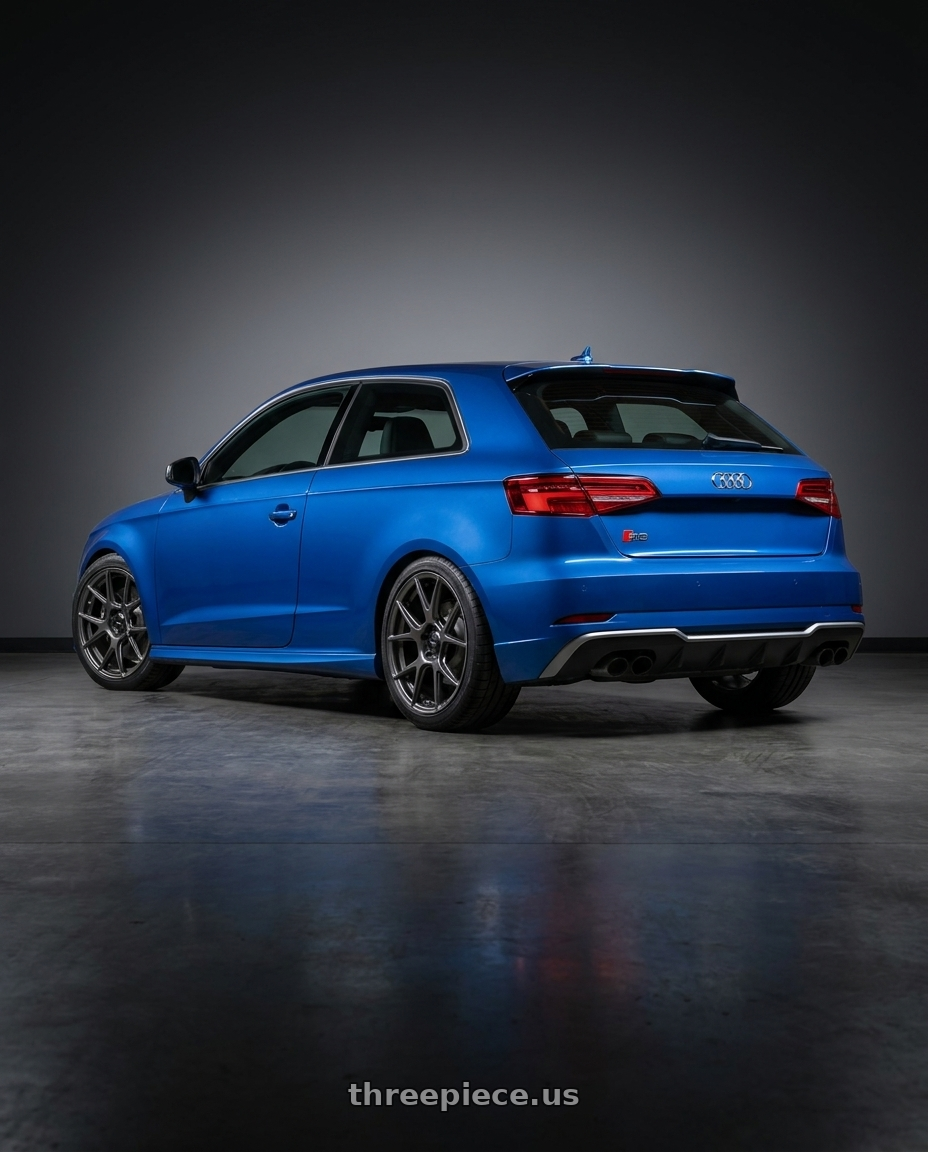 2019 Audi S3 8V with Konig Ampliform 5x112 18x8.5+43 Dark Metallic Graphite wheels rear three quarter view square tires