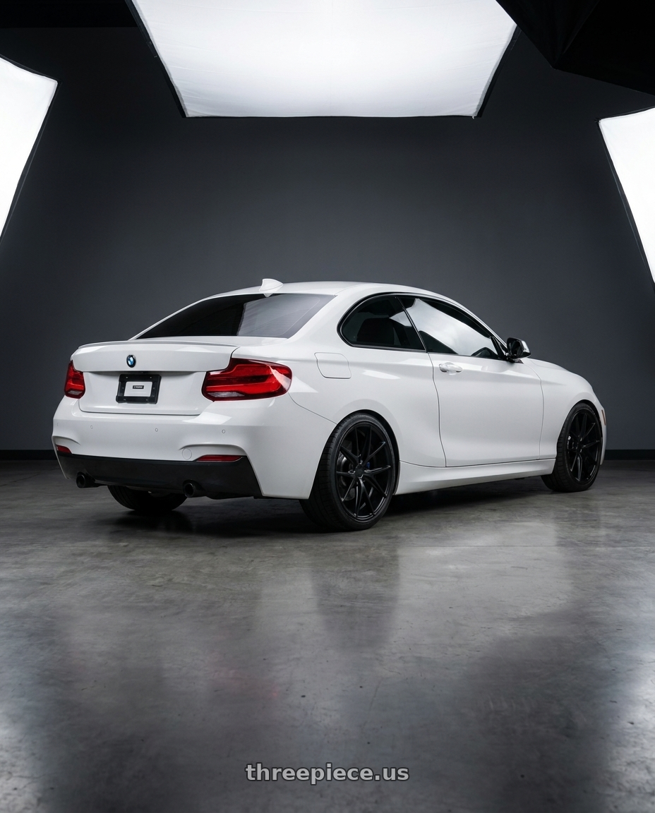 2018 BMW 2 Series F22 with Niche 1PC M117 MISANO 5X120 18X9.5 +40 MATTE BLACK wheels rear three quarter view square tires