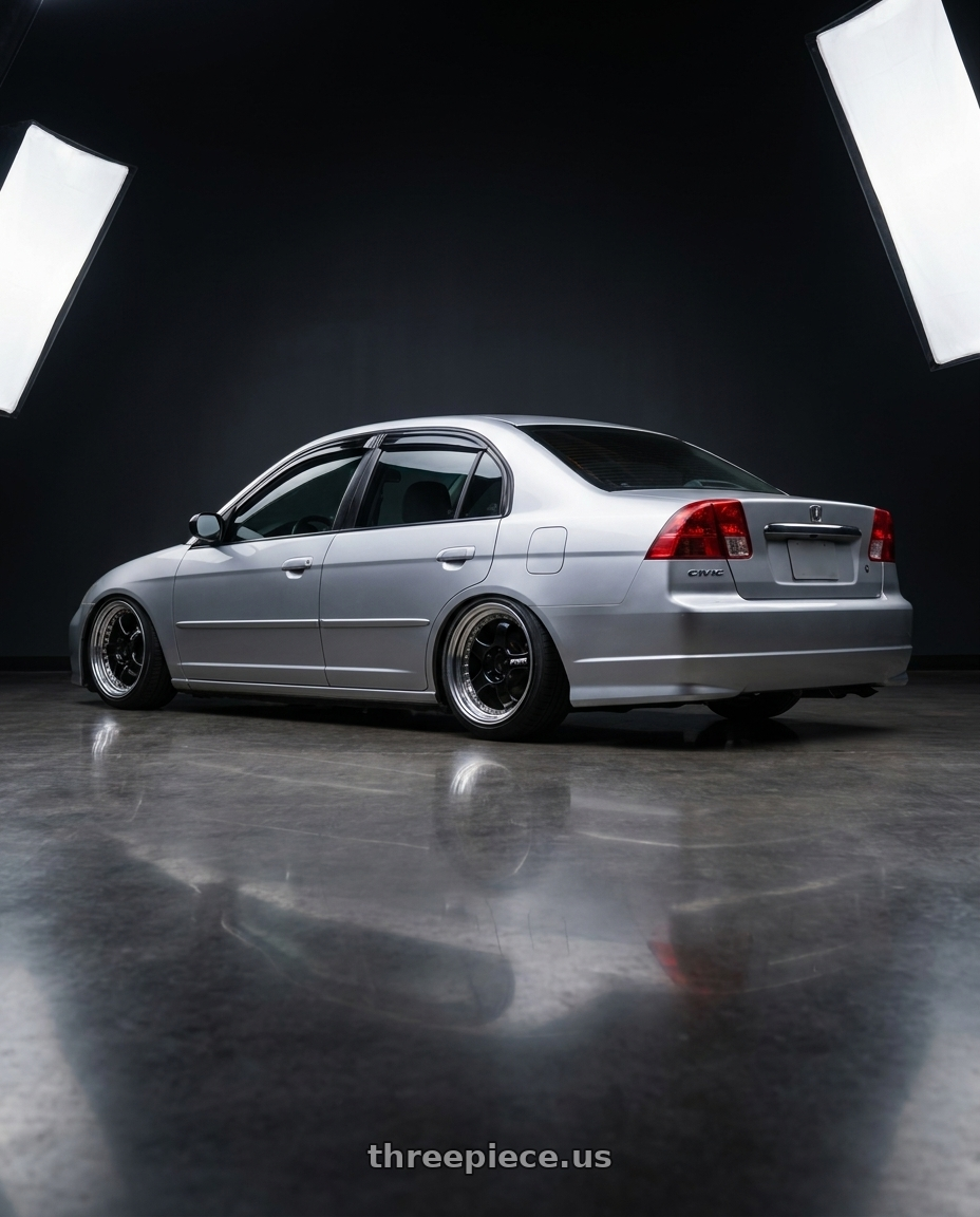 2002 Honda Civic Ex with Work Meister S1 3P 5x100 18x7+35 A Disk Black wheels rear three quarter view slight stretch tires