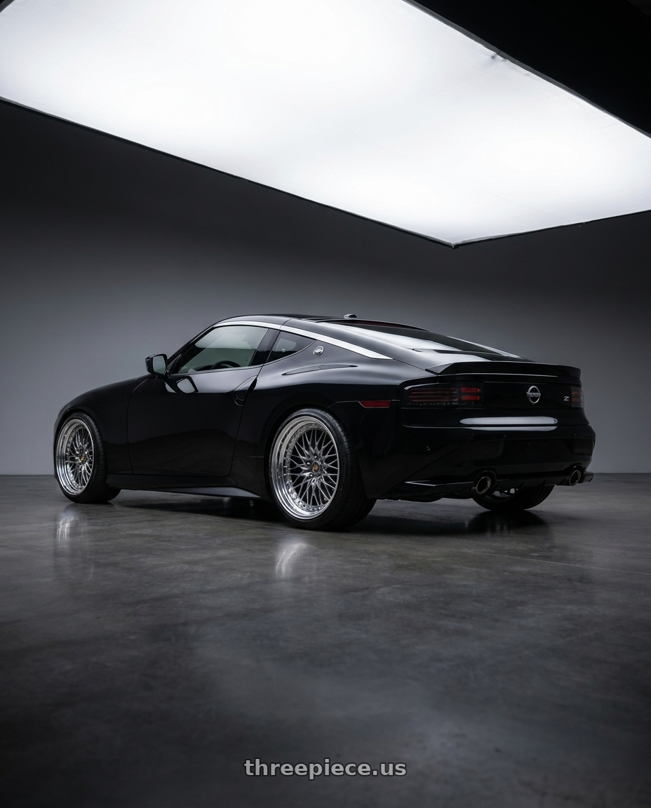 2025 Nissan Z with Work Vs-Xv 5x114.3 18x9+33 R Disk Brilliant Silver Black wheels rear three quarter view slight stretch tires