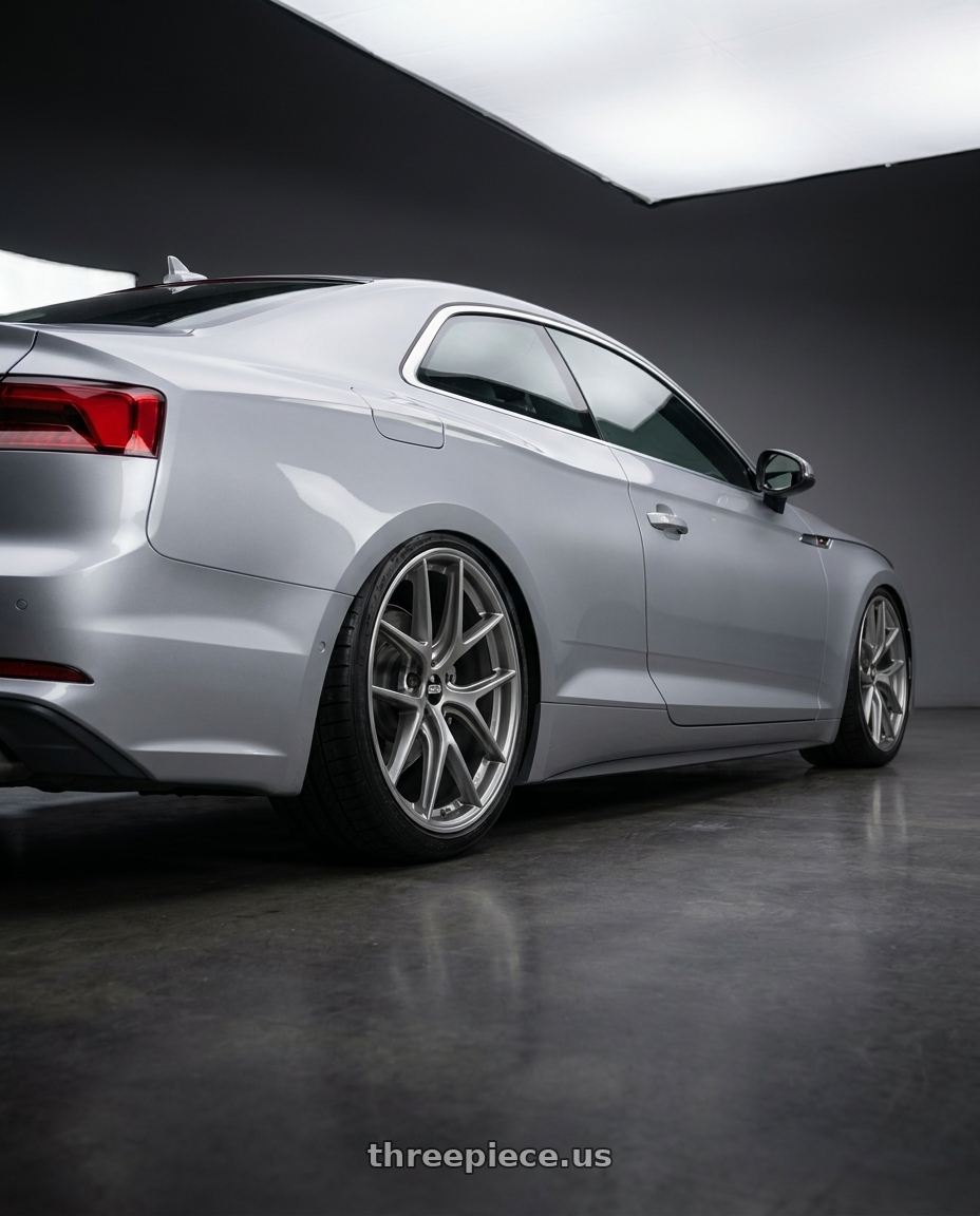 2018 Audi A5 with BBS CI-R 5x112 19x8.5 +32 Platinum Silver Polished Rim Protector wheels rear three quarter view square tires