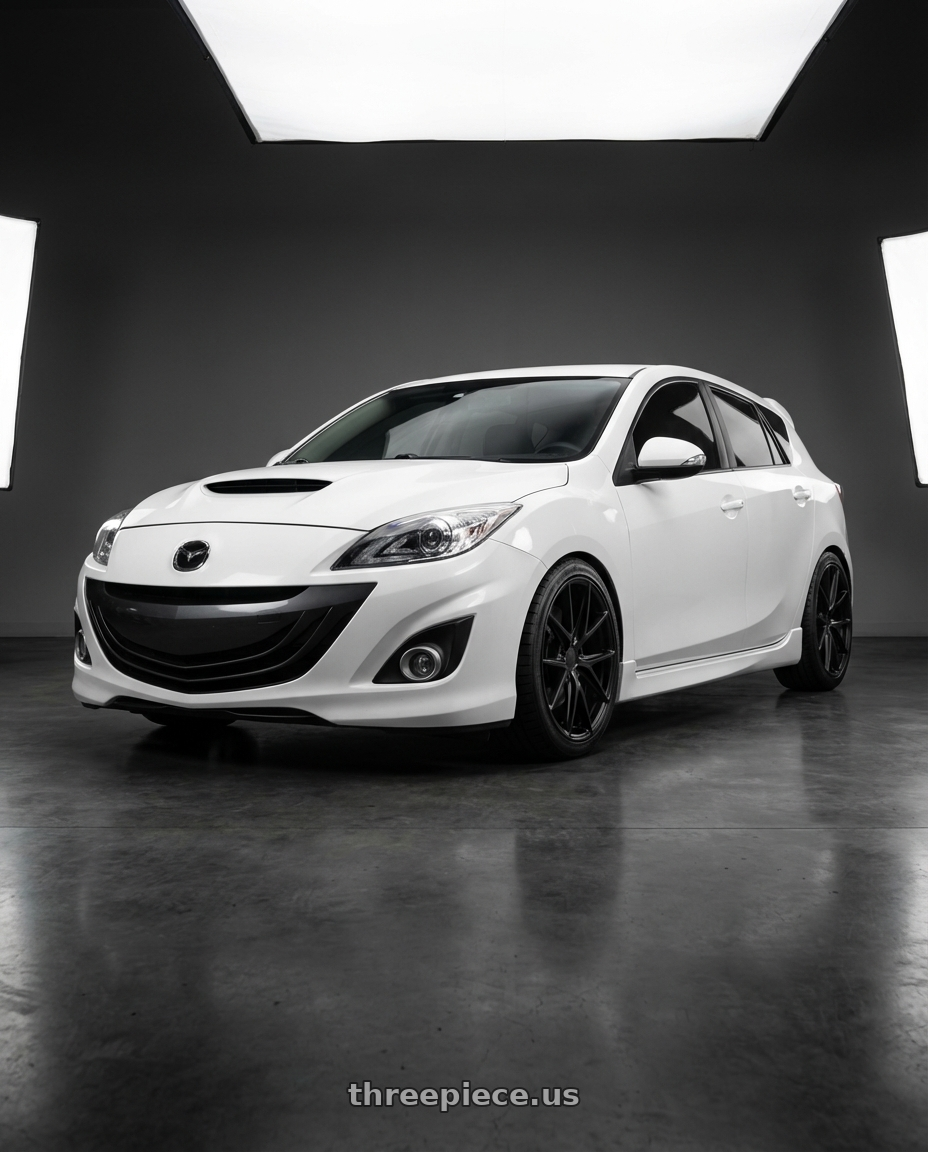 2012 Mazda Mazdaspeed3 with Niche 1PC M117 MISANO 5X114.3 18X8 +42 MATTE BLACK wheels front three quarter view lowered stance